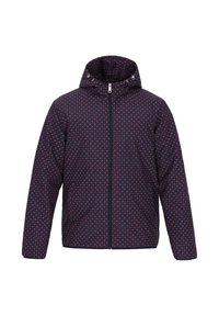 Giacca a vento navy con cappuccio, caratterizzata da un motivo a pois rosso e blu, chiusura frontale con zip e tessuto testurizzato.