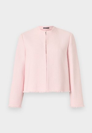 Veste longue à manches longues rose clair texturée avec un col rond, ouverture sur le devant et bords effilochés aux manches et à l'ourlet.