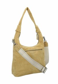 Borsa a spalla in suede beige con design morbido, tracolla singola, tasca frontale con zip e finitura testurizzata. Acessori in metallo color argento.