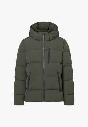 Gepolsterte Kapuzenjacke in Dunkelgrün mit hohem Kragen, Reißverschluss vorne und zwei Reißverschlusstaschen an den Seiten. Verfügt über ein Logo am Ärmel.