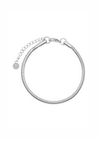 Bracciale in metallo argento con un design a catena flessibile a forma di serpente. Presenta una chiusura a moschettone e una catena regolabile con un dettaglio circolare.