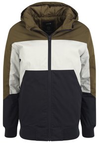Hooded jacket featuring a three-color block design in olive green, white, and navy blue, with a front zip closure and ribbed cuffs.