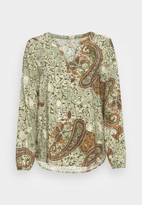 Langarmbluse aus hellgrünem Stoff mit Paisleymuster in Orangetönen und Weiß. V-Ausschnitt und abgerundeter Saum. Sanfte Textur.