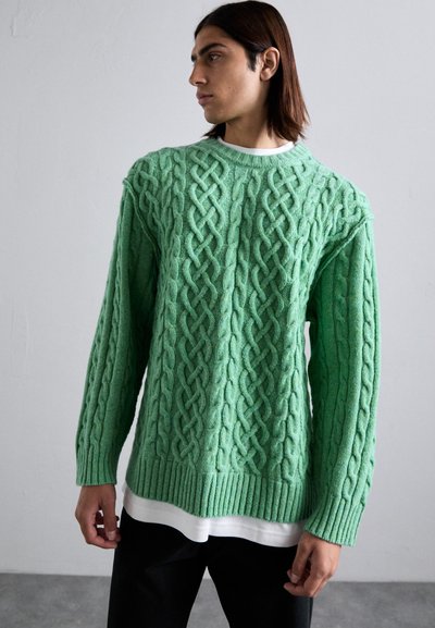Suéter verde de punto trenzado con un diseño texturizado y dobladillo acanalado. Llevado sobre una camisa blanca, con mangas largas y un corte relajado.