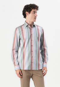 Multicolored striped shirt featuring vertical stripes in red, green, and blue, with a button-up design and a standard collar.