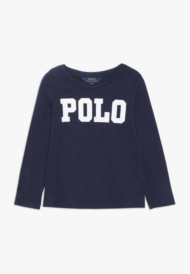 Marinblå långärmad t-shirt i bomull med stor vit blockbokstav "POLO" på framsidan. Rund halsringning och mjuk textur.