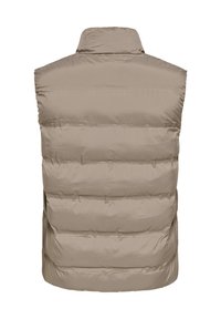 Gilet senza maniche trapuntato beige con collo alto, mostrato da dietro su uno sfondo bianco.
