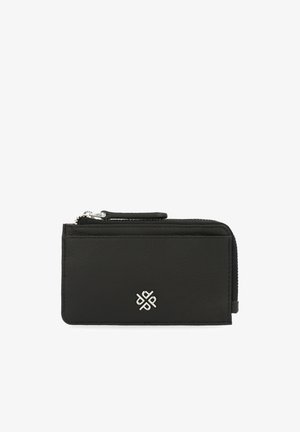 Black leather wallet with a zip closure, featuring a silver hardware logo. Smooth texture, compact rectangular shape, and card slots visible.