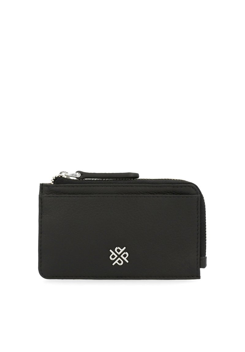 Black leather wallet with a zip closure, featuring a silver hardware logo. Smooth texture, compact rectangular shape, and card slots visible.