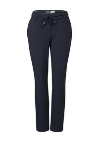 Pantalons pull-on bleu marine avec une taille à cordon de serrage, jambes fuselées et une finition en tissu lisse. Comprend une ceinture intérieure contrastante.