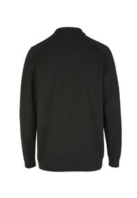 Black long-sleeve pullover sweater with a ribbed texture, classic collar, and elasticized cuffs and hem. Solid design without visible logos.