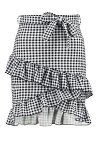 Gonna a quadretti vichy in bianco e nero, con orlo a balze e fiocco in vita, realizzata in tessuto leggero.