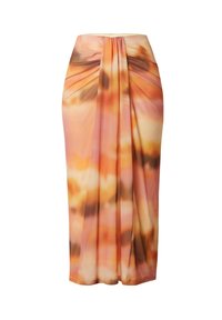 Ein bodenlanger, halbdurchsichtiger Rock aus weichem Stoff, mit einem orange, rosa und braunen Batikmuster und Raffung an der Taille.