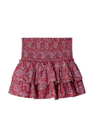 Roter Blumenrock mit gerafftem Bund und gestuften Rüschen, mit blauen und weißen Blumenmustern.