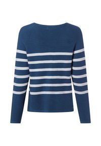 Navyblauwe trui met lange mouwen en witte horizontale strepen over de borst en armen, gezien van achteren.