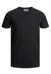 Black short-sleeve T-shirt made of cotton. Features a round neckline and a straight fit. Logo "JACK & JONES" visible inside the collar.