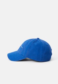 Blue cotton baseball cap with a curved brim, embroidered text on the front, and six ventilation eyelets. Textured fabric finish.