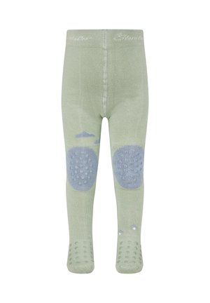 Grüne gestrickte Strumpfhosen mit blauen gemusterte Knie-Patches, strukturierten Griffsohlen und weichem Stoff. Mit einem Logo am Bund.