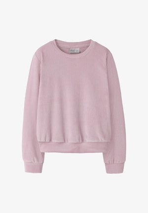 heleheline roosa soonikkoes pikkade varrukatega pusa, ümar kaelus ja mansetiga varrukad, tasapinnal valgel taustal.