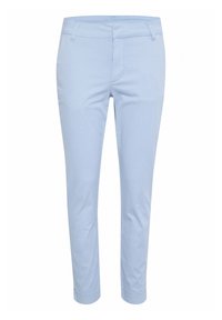 Pantalon bleu clair slim avec passants de ceinture et poches avant, raccourci à la cheville, présenté sur un fond blanc.