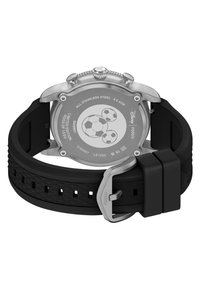 Stainless steel Fossil watch back with black silicone strap, limited edition Disney design featuring soccer ball Mickey Mouse icon.