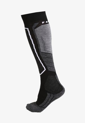 Calze alte fino al ginocchio in nero e grigio con modelli testurizzati, punta e tallone rinforzati, e accenti bianchi lungo i lati per aderenza e supporto.
