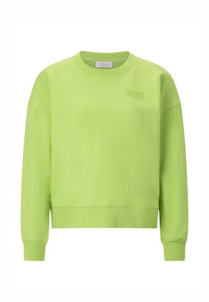 Limoengroene sweatshirt met een ronde hals, doorgezakte schouders, geribbelde manchetten en een subtiel geperst logo op de borst. Het materiaal oogt zacht en heeft een textuur.