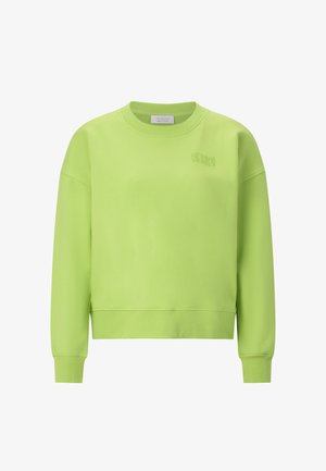 Svetlozelená mikina s okrúhlym výstrihom, spustenými ramenami, rebrovanými manžetami a jemne vyrazeným logom na hrudi. Materiál pôsobí mäkko a textúrovane.