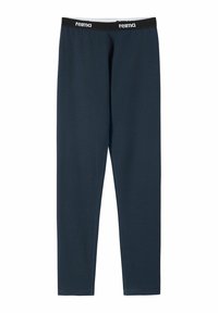 Dark blue leggings made of textured fabric, featuring a black waistband with white branding; fitted design with straight legs.