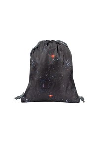 Sacca con cordoncino in tessuto nero, caratterizzata da una stampa galattica con stelle e pianeti di vari colori. Cordini grigi nella parte superiore per la chiusura.