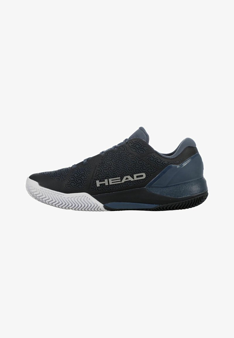 Chaussure de sport noire et bleu foncé avec motif texturé, semelle blanche et logo "HEAD" sur le côté, conçue pour un usage athlétique.