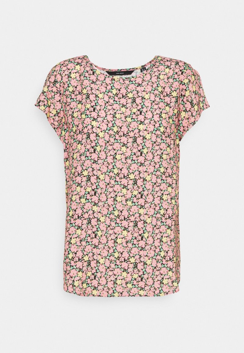 Short-sleeved, pink floral blouse with a black background. Features small yellow and green flowers in a repeating pattern. Soft fabric, round neckline.
