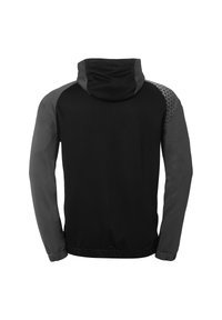 Sweat à capuche noir avec des manches grises et un motif sur les épaules. Doté de poignets élastiques et d'une capuche avec cordon de serrage. Texture de tissu douce.