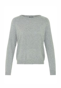 Lysegrå strikkegenser med rund neckline, lange ermer og ribbestrikkede mansjetter og nederkant. Myk tekstur, avslappet passform, minimalistisk design.