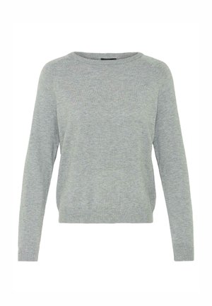 Suéter de punto gris claro con cuello redondo, mangas largas y puños y dobladillo de canalé. Textura suave, corte casual, diseño minimalista.