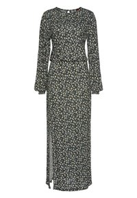 Langärmliges Kleid aus dunklem Stoff mit einem floralen Muster in Creme und Hellblau. Beinhaltet einen Taillengürtel und einen Schlitz an der Seite für optimale Bewegungsfreiheit.