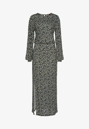 Pikad varrukad ja tume kangas, mis on kaunistatud kreemja ja helesinise lillemustriga. Sisaldab vöökohta ja külgslitti liikumise mugavuse tagamiseks.