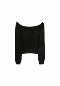 Zwarte cropped trui met een brede off-the-shoulder halslijn, lange mouwen en geribbelde zoom. Gemaakt van een zachte, gestructureerde stof.