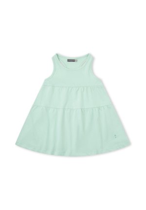 Vestido de bebé sin mangas de color verde menta claro con falda en capas y escote redondo, colocado plano sobre fondo blanco.
