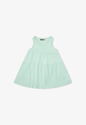 Vestido de bebé sin mangas de color verde menta claro con falda en capas y escote redondo, colocado plano sobre fondo blanco.
