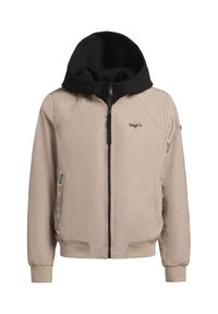 Veste beige zippée avec capuche noire, poignets et ourlet côtelés, poches latérales, et petit logo "Khujo Co" sur la poitrine.