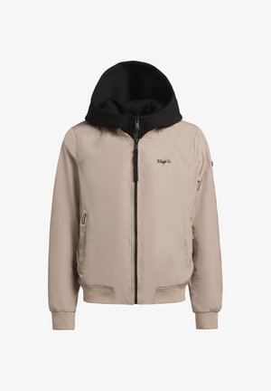 Beežist lukuga jope musta kapuutsiga, soonilised varrukasääred ja alläär, küljetaskud ning väike "Khujo Co" logo rinnal.