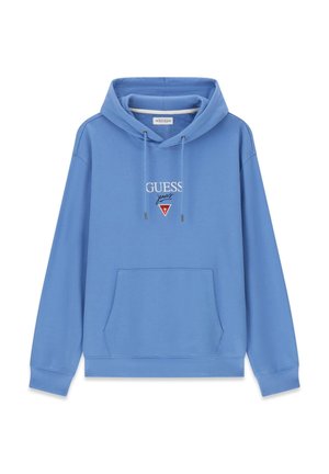 Kék kapucnis pulóver első zsebbel és húzózsinórokkal, fehér "GUESS jeans" felirattal és piros háromszög alakú logóval a mellkasnál.