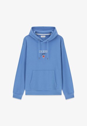 Blauer Hoodie mit Vordertasche und Kordelzug, mit weißem "GUESS jeans"-Schriftzug und rotem dreieckigem Logo auf der Brust.