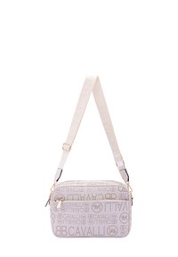 Borsa bianca con motivo logo dorato, forma rettangolare, chiusura con zip e tracolla removibile, con dettagli in hardware dorato.