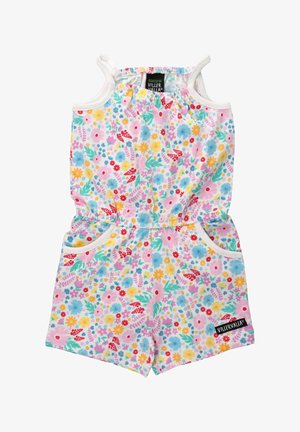 Kombinezon o kwiatowym wzorze z różowym tłem, kolorowymi kwiatami, białymi wykończeniami, elastycznym pasem i dwoma bocznymi kieszeniami. Metka na pasku.