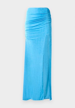 Blue velour maxi skirt with gathered detailing at the waist, featuring a side slit and smooth texture for a flowing silhouette.