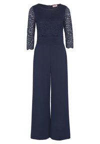 Combinaison bleu marine avec manches trois-quarts en dentelle, corsage en dentelle, encolure ronde et pantalon à jambes larges.
