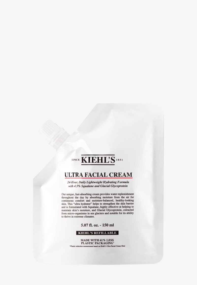 Woreczek uzupełniający Kiehl's Ultra Facial Cream, 150 ml, białe elastyczne opakowanie z czarnym nadrukiem i białą zakrętką.