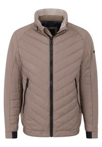 Beige gesteppte Jacke mit hohem Kragen, Frontreißverschluss und schwarzen Reißverschlüssen. Verfügt über kontrastierende Texturen und eng anliegende Bündchen.